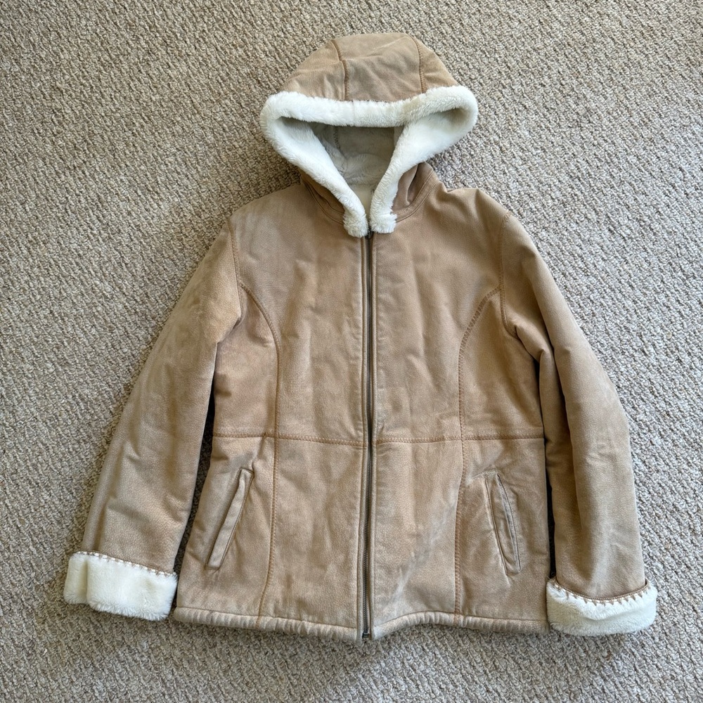 Genuine Suede Tan Leather Tan Hooded Jacket Coat with White Sherpa Trim Size L
